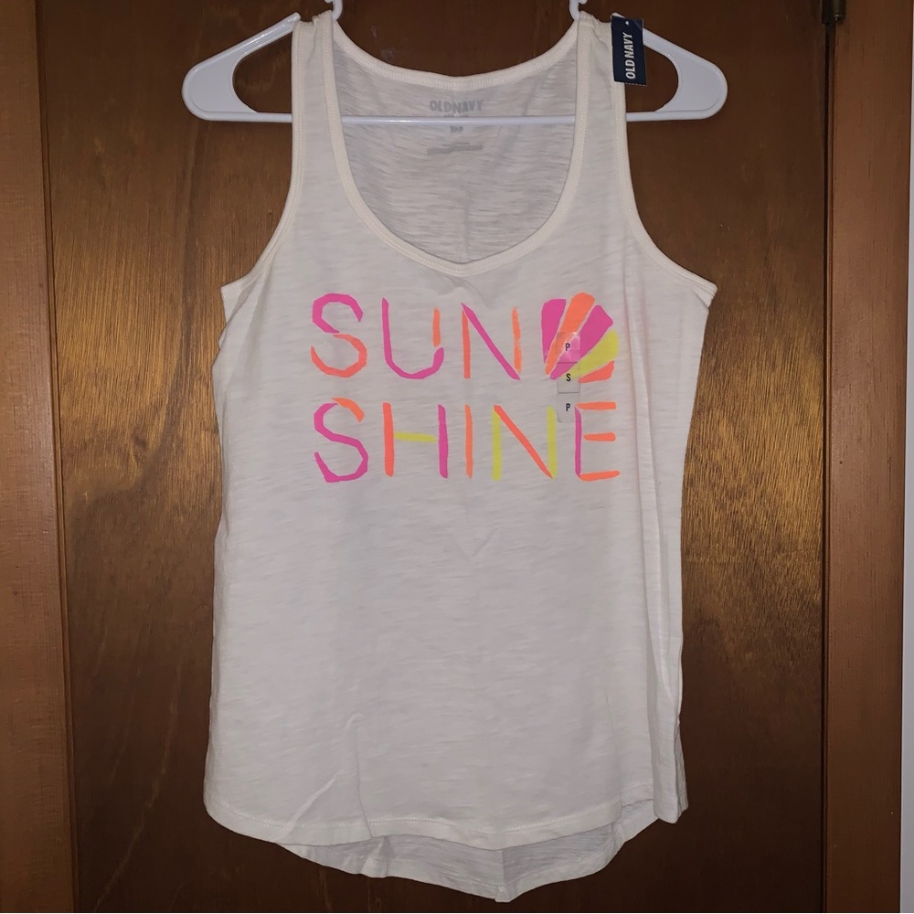 Women’s S OLD NAVY White Tank Top Neon Sunshine Sea Salt Abstract Lettering NWT